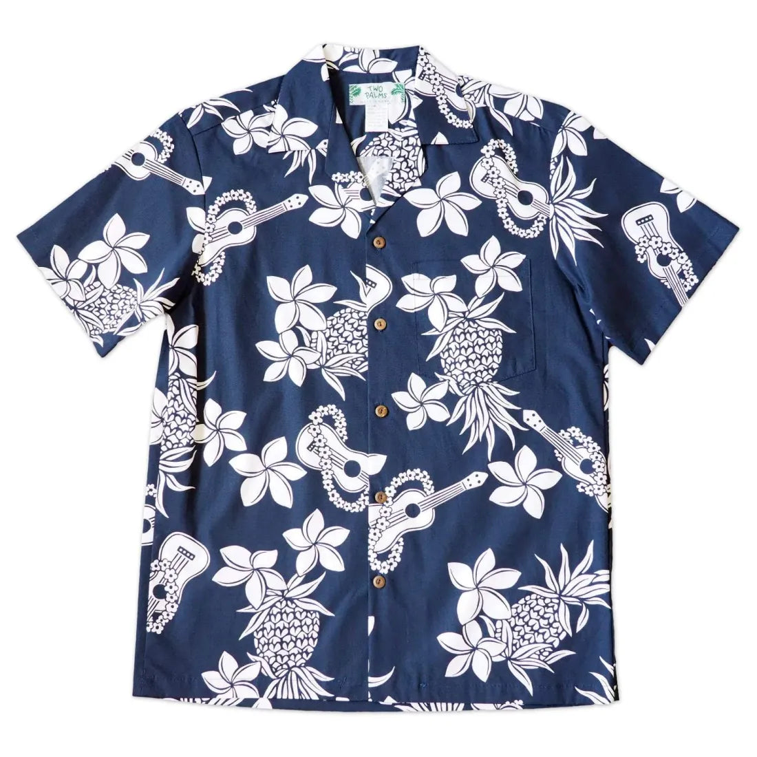 Ukulele Fun Navy Hawaiian Cotton Shirt Elegant Lace Short Sleeve