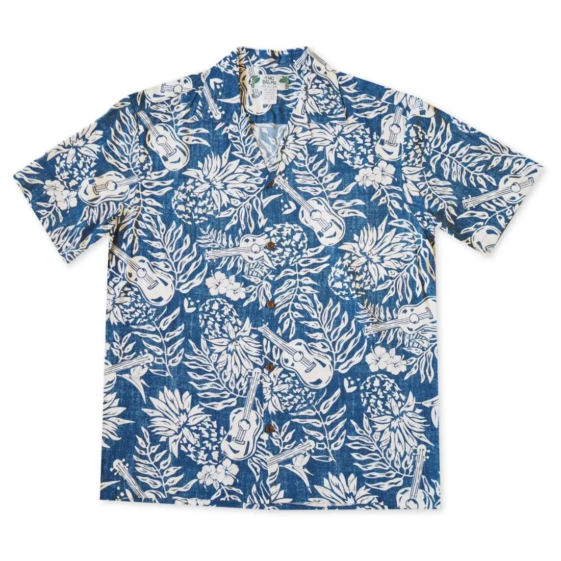 Ukulele Serenade Blue Hawaiian Rayon Shirt Fashionable Button-Front Short Sleeve