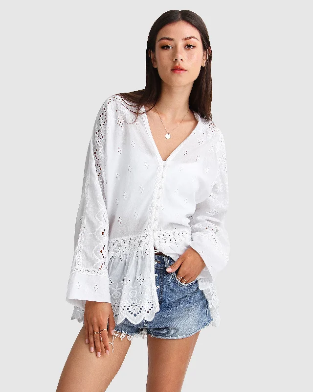 Unbutton Me Eyelet Button Down Shirt - White Relaxed Fit Short Blouse