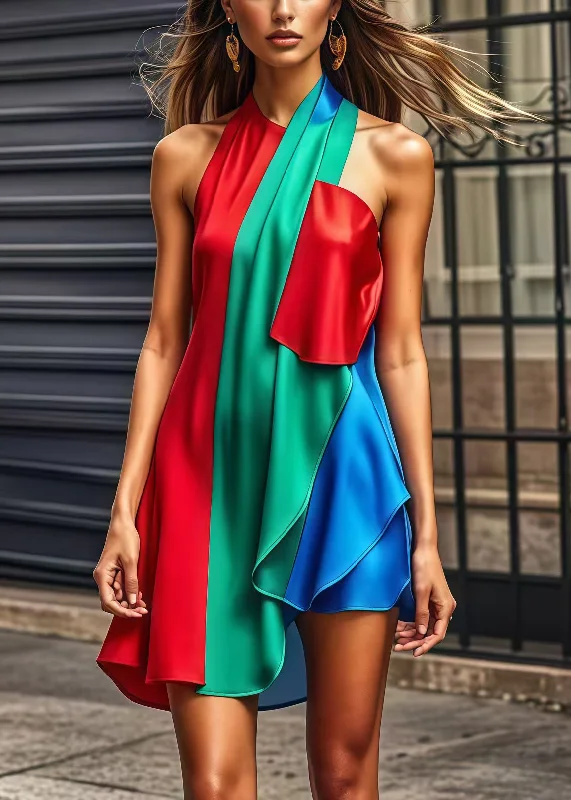 Unique Colorblock Cold Shoulder Patchwork Silk Mini Dresses Summer Trendy Button-Detail Mini Dress