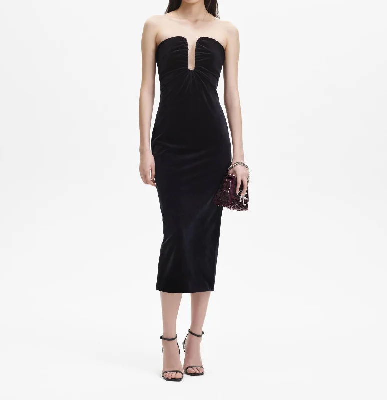 Velvet Strapless Midi Dress In Black Stylish Striped Midi Dress