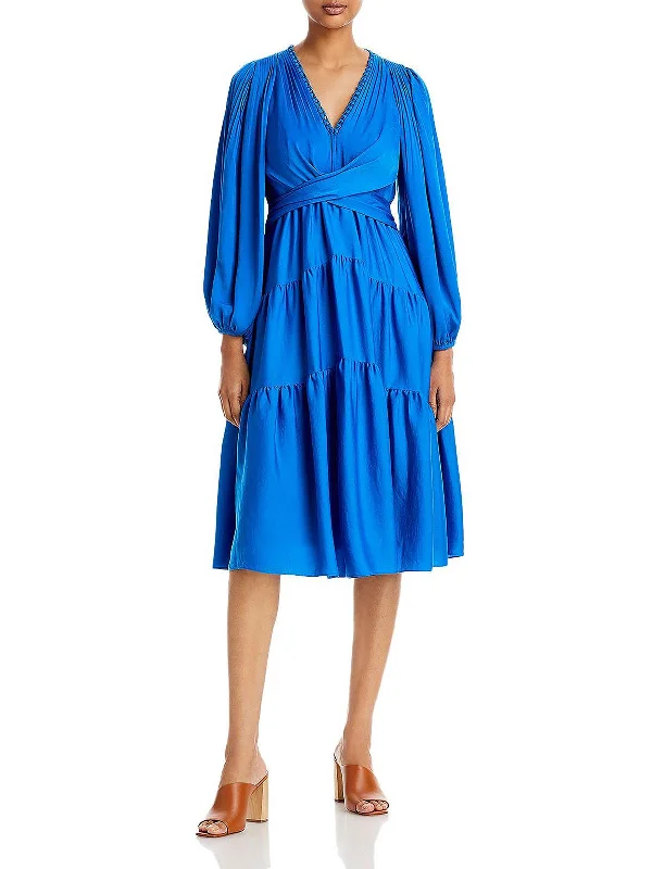 Vienna Womens Shutter Pleat Tiered Midi Dress Elegant Faux Wrap Midi Dress