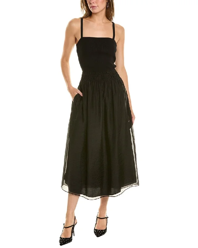 Vince Mixed Media Midi Dress Trendy Flared Sleeve Midi Dress