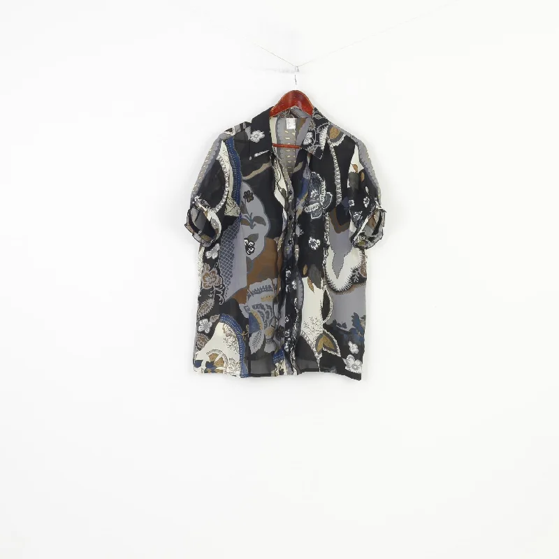 Vintage Women 20 46 XL Casual Shirt Black Transparent Material Floral Print Vintage Ruffles Top Stylish Pleated Short Sleeve Vintage Women 20 46 XL Casual Shirt Black Transparent Material Floral Print Vintage Ruffles Top Stylish Pleated Short Sleeve