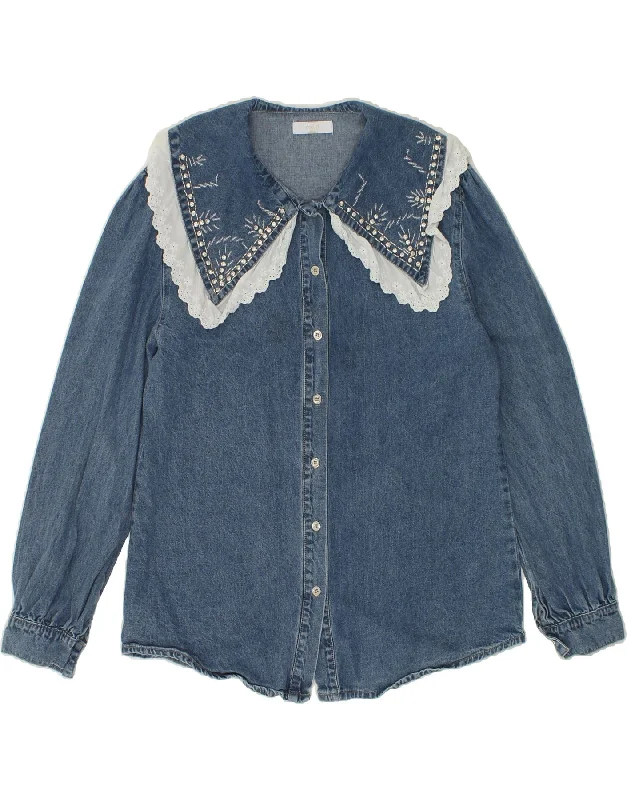 VINTAGE Womens Denim Shirt UK 14 Large Blue Cotton Fashionable Cuffed Short Sleeve