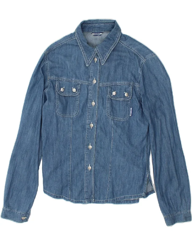 VINTAGE Womens Denim Shirt UK 14 Large Blue Cotton Elegant Off-Shoulder Short Shirt