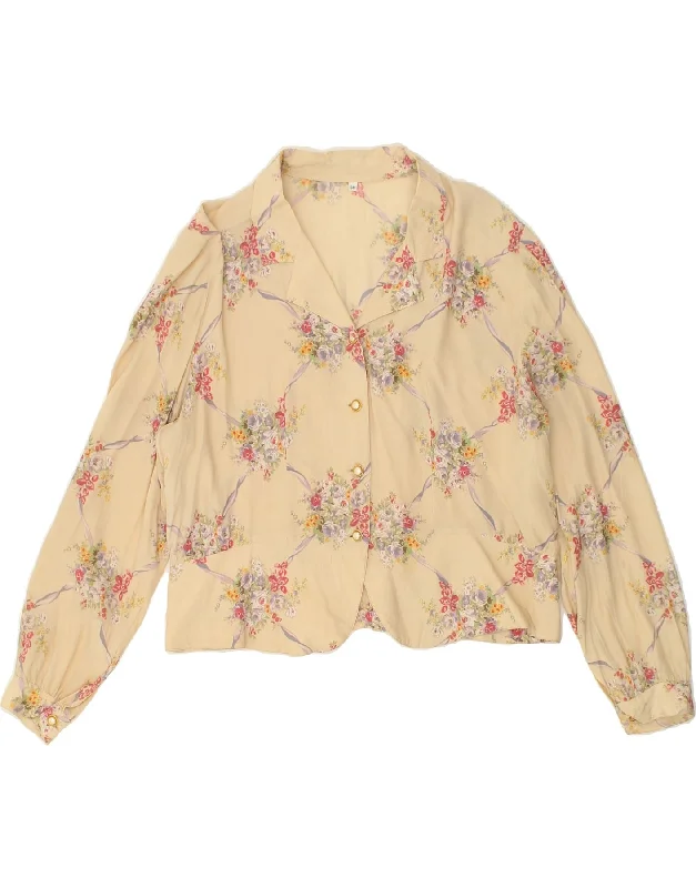 VINTAGE Womens Shirt Blouse IT 50 XL Beige Floral Acetate Casual Cotton Short Shirt