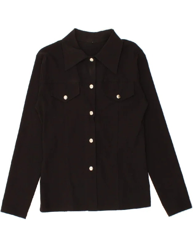 VINTAGE Womens Shirt Blouse UK 12 Medium Black Elegant Off-Shoulder Short Shirt