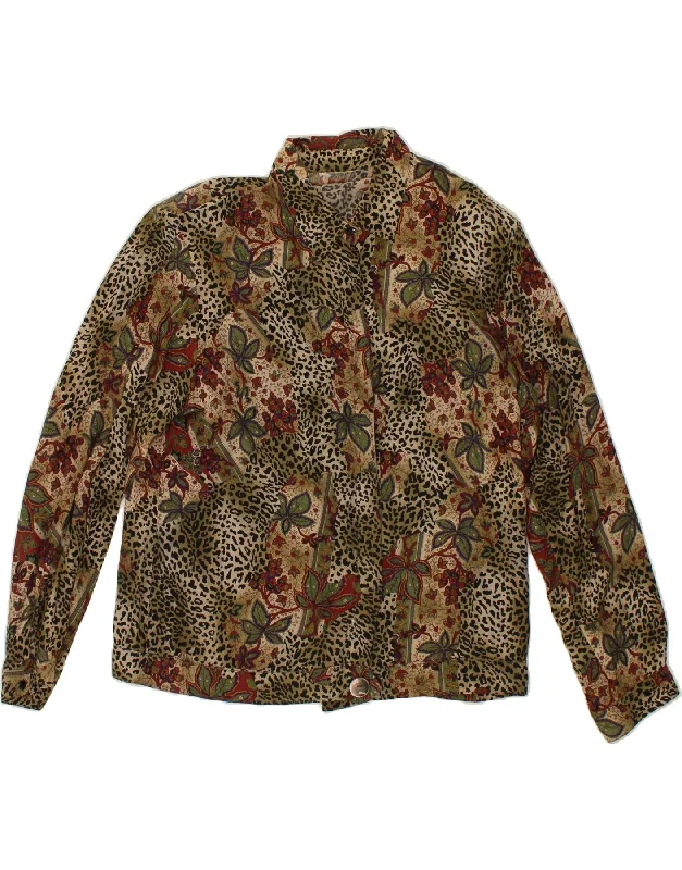VINTAGE Womens Shirt Blouse UK 14 Large Beige Floral Fashionable Sheer Short Shirt