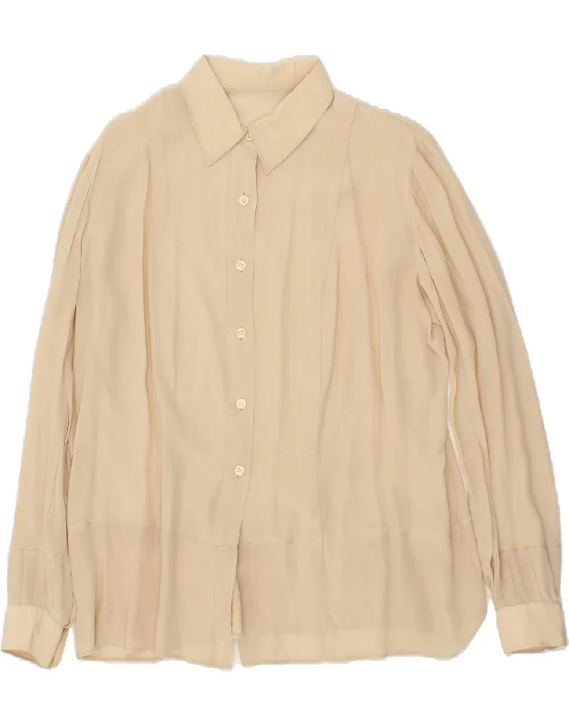 VINTAGE Womens Shirt Blouse UK 14 Large Beige Comfortable Fitted Short Sleeve