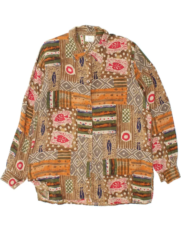 VINTAGE Womens Shirt Blouse UK 16 Large Brown Patchwork Cupro Trendy Summer Short Sleeve VINTAGE Womens Shirt Blouse UK 16 Large Brown Patchwork Cupro Trendy Summer Short Sleeve