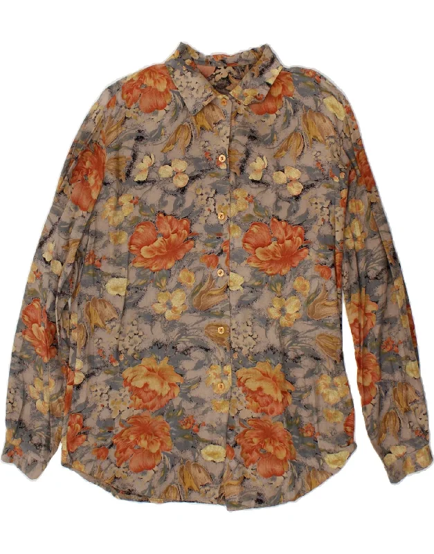 VINTAGE Womens Shirt Blouse UK 18 XL Grey Floral Modern Short Sleeve Top