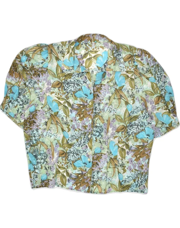 VINTAGE Womens Shirt Blouse UK 24 4XL Blue Floral Polyester Elegant Off-Shoulder Short Shirt