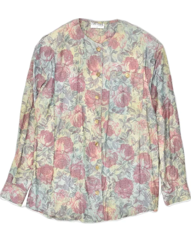 VINTAGE Womens Shirt EU 40 Medium Multicoloured Floral Acetate Trendy Ruffled Short Sleeve