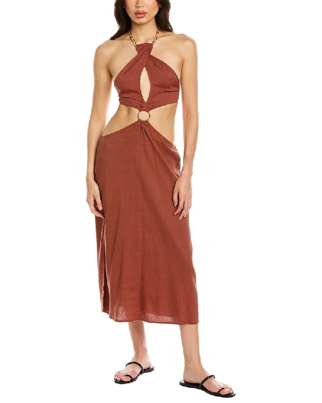 WeWoreWhat Shell Chain Halter Linen-Blend Midi Dress Elegant Floral Skirt Midi Dress