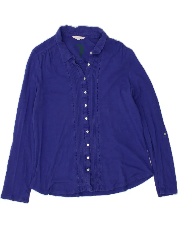 WHITE STUFF Womens Shirt Blouse UK 14 Medium Navy Blue Cotton Classic V-Neck Short Shirt