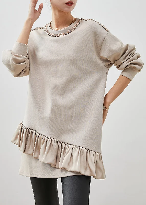 Women Beige Ruffles Patchwork Cotton Mini Dress Spring Cozy T-Shirt Mini Dress