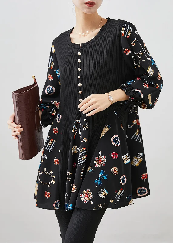 Women Black Print Patchwork Cotton Mini Dress Fall Comfortable Bodycon Mini Dress