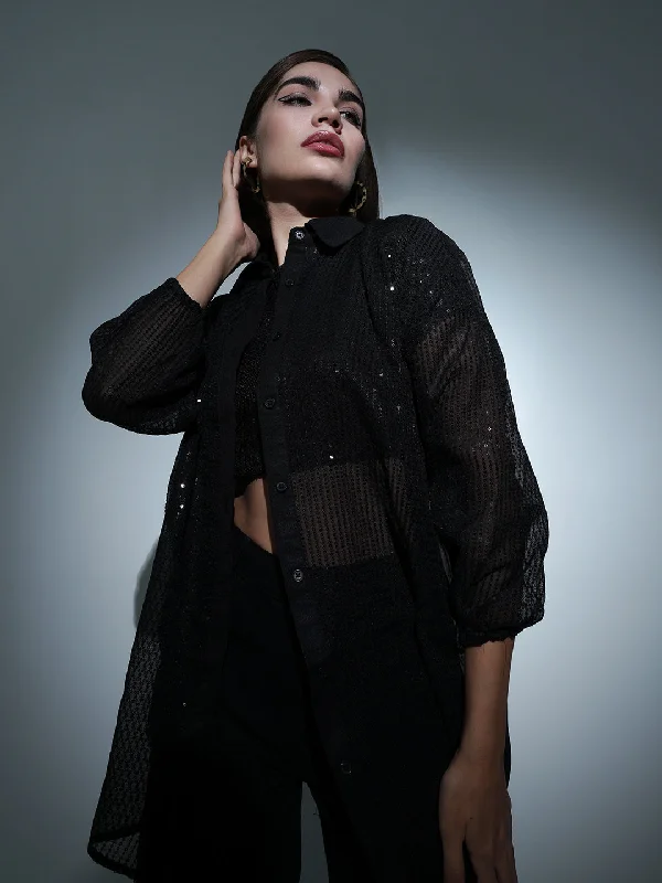 Women Black Sequin Shirt Elegant High-Low Short Shirt