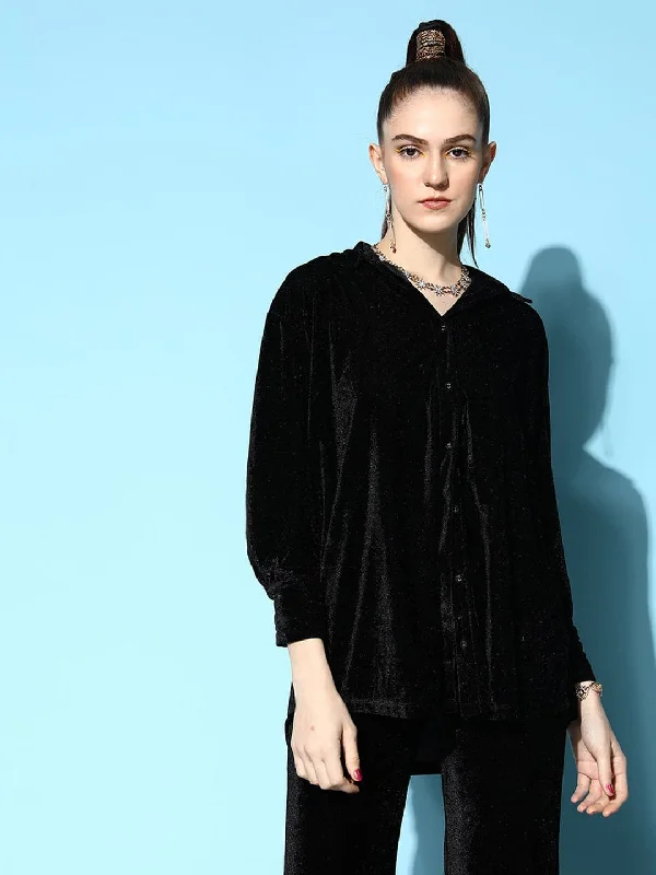 Women Black Velvet Shirt Trendy Short Sleeve Tunic