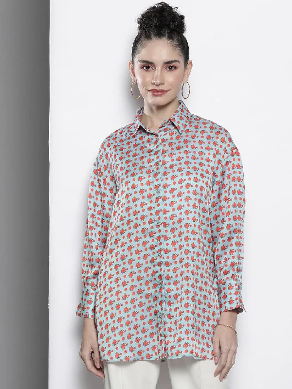 Women Blue Ditsy Floral Satin Shirt Comfortable Short Sleeve Tunic