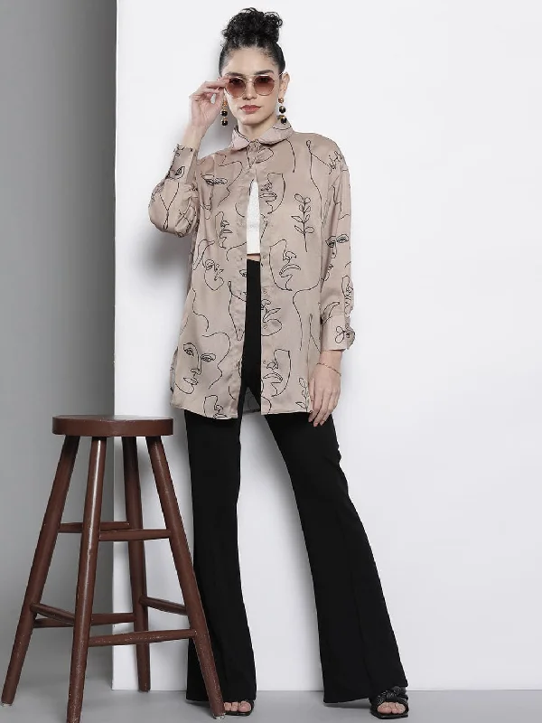 Women Champagne Line Art Print Satin Shirt Trendy Floral Short Sleeve