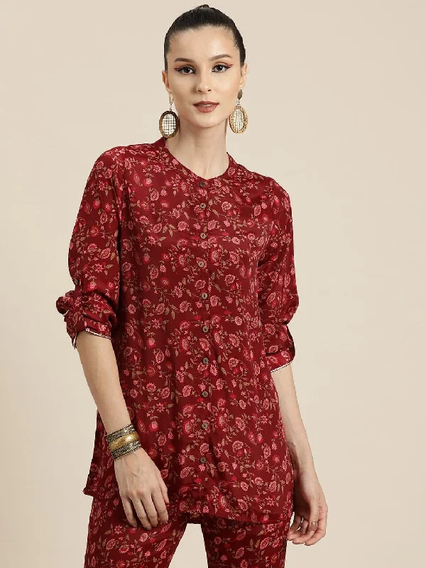 Women Maroon Floral High Low Shirt Comfortable Peplum Short Shirt