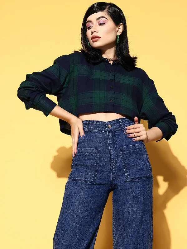 Women Navy Check Crop Shirt Fashionable Pleated Short Shirt