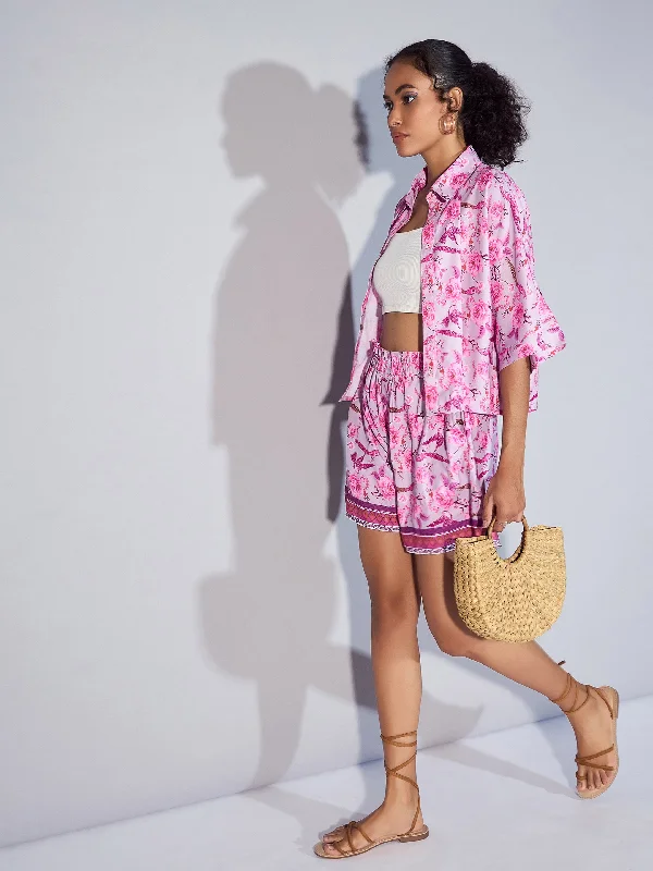 Women Pink Floral Boxy Shirt With Paperback Shorts Comfortable Ribbed Short Sleeve