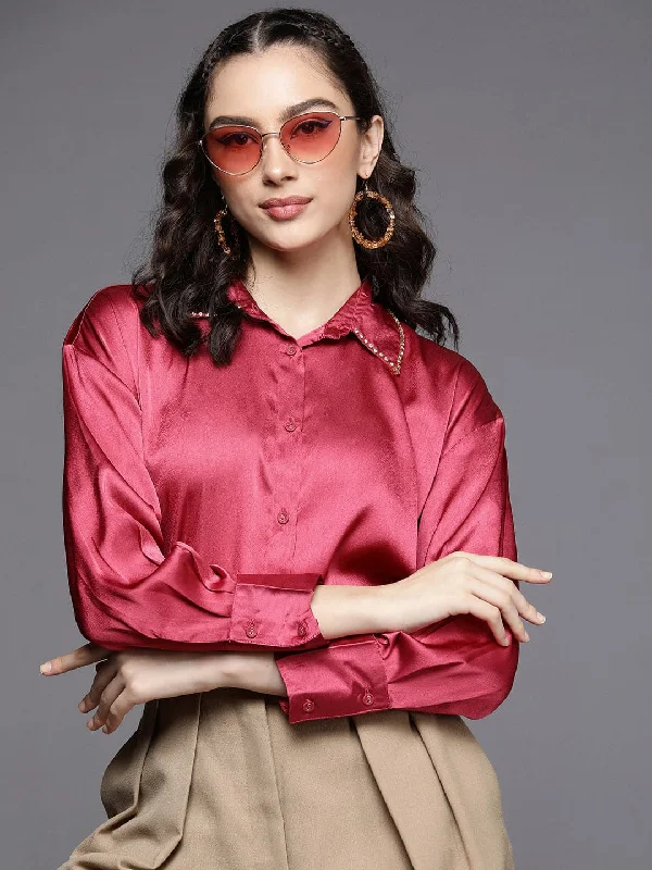 Women Pink Satin Longline Shirt Chic Embellished Short Sleeve