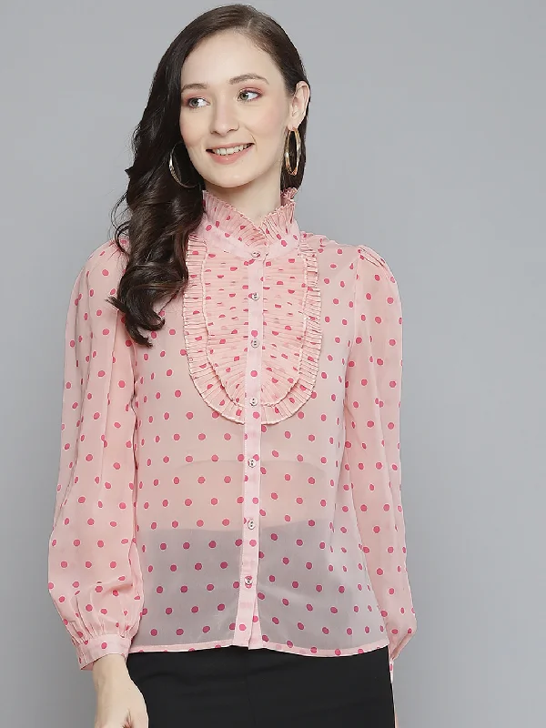 Women Pink With Fuchsia Polka Dot Pleated Collar Shirt Stylish Casual Short Tee