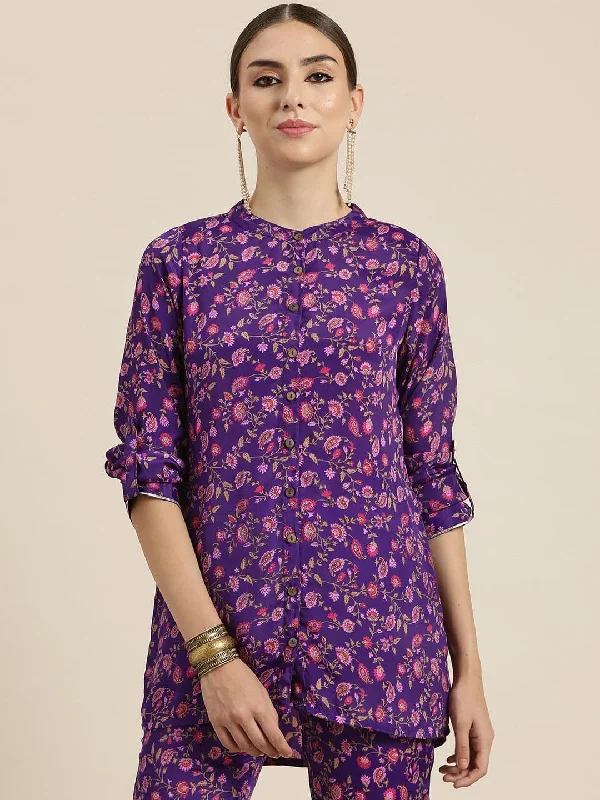 Women Purple Floral High Low Shirt Comfortable Fitted Short Sleeve