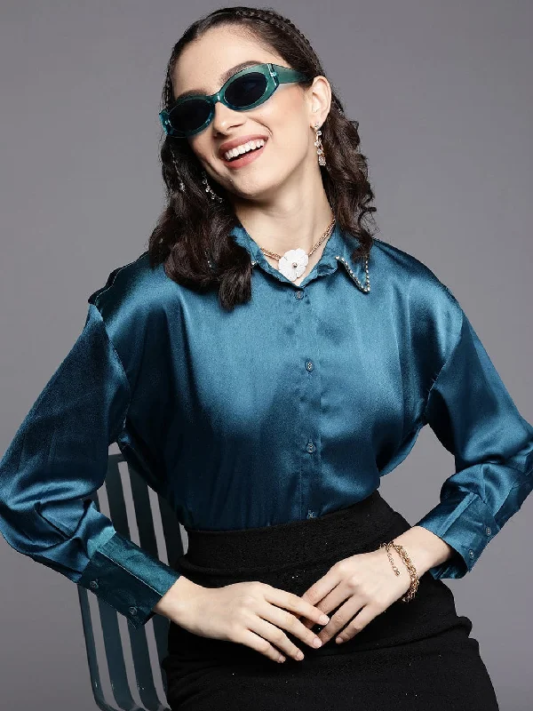 Women Teal Satin Longline Shirt Relaxed Cotton Short Blouse