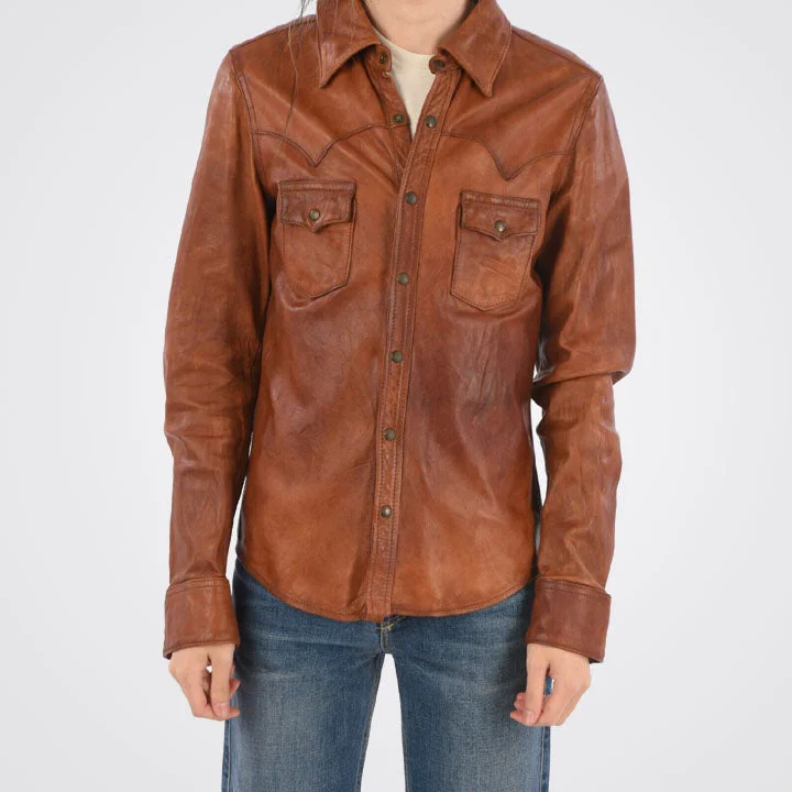 Women Waxed Brown Real Sheepskin Button Up Leather Shirt Chic Silk Short Sleeve Shirt Women Waxed Brown Real Sheepskin Button Up Leather Shirt Chic Silk Short Sleeve Shirt