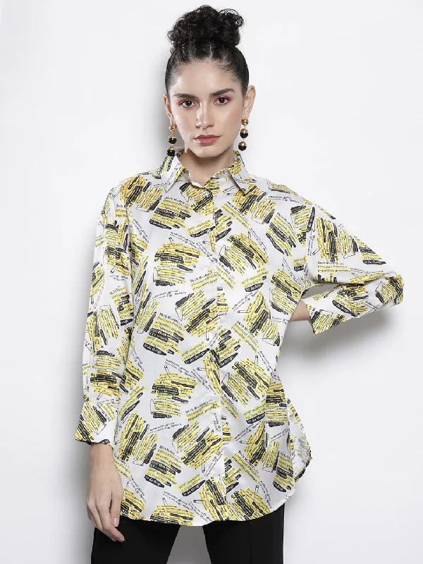 Women White Newspaper Print Satin Shirt Classic Casual Short Sleeve