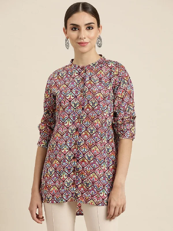 Women White Patola High Low Shirt Classic Basic Short Shirt