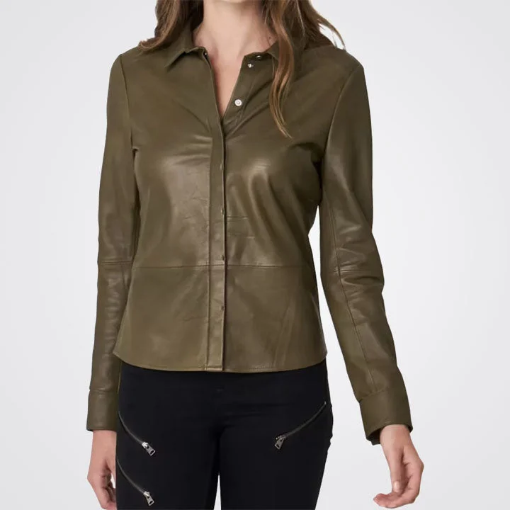 Women's Army Green Button Down Lambskin Leather Shirt Fashionable Short Sleeve Shirt Women's Army Green Button Down Lambskin Leather Shirt Fashionable Short Sleeve Shirt