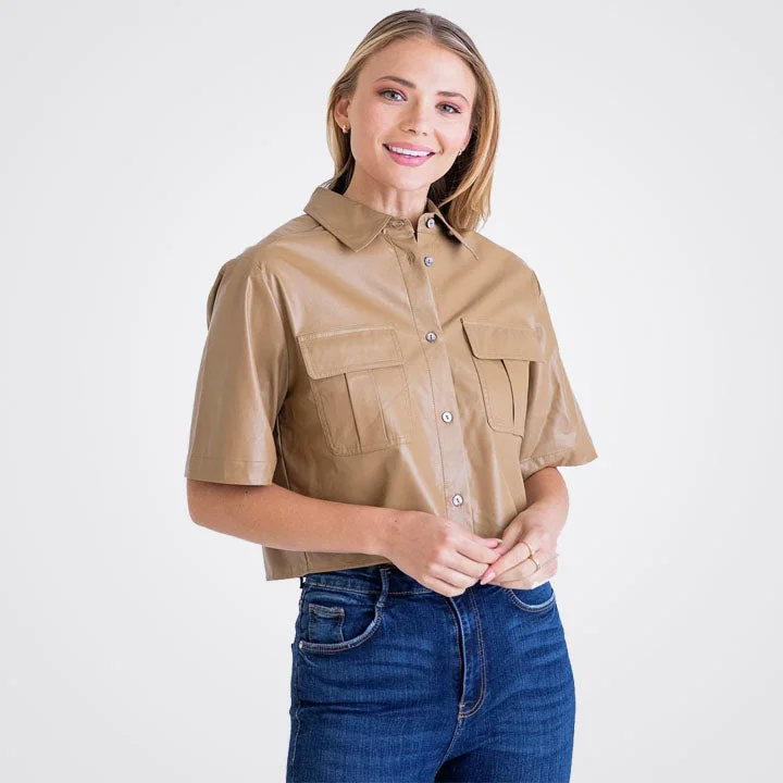 Women's Beige Lambskin Leather Mini Shirt Casual Button-Down Short Shirt