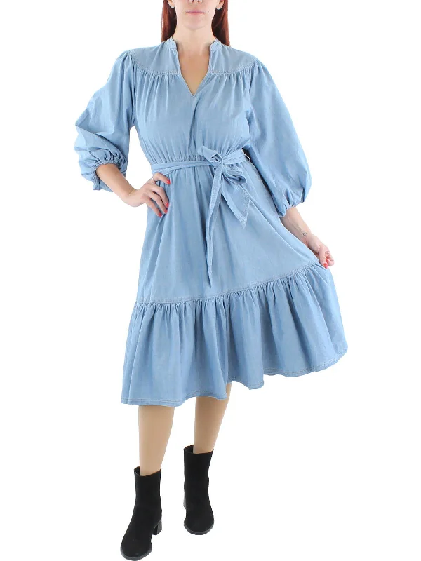 Womens Chambray Ruffled Midi Dress Trendy Long Sleeve Midi Dress