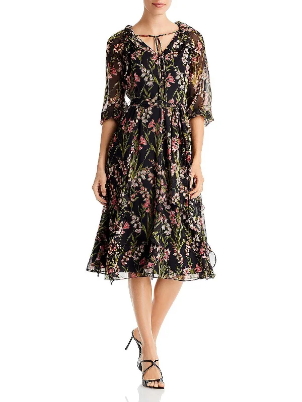 Womens Chiffon Calf Midi Dress Elegant Satin Button Midi Dress