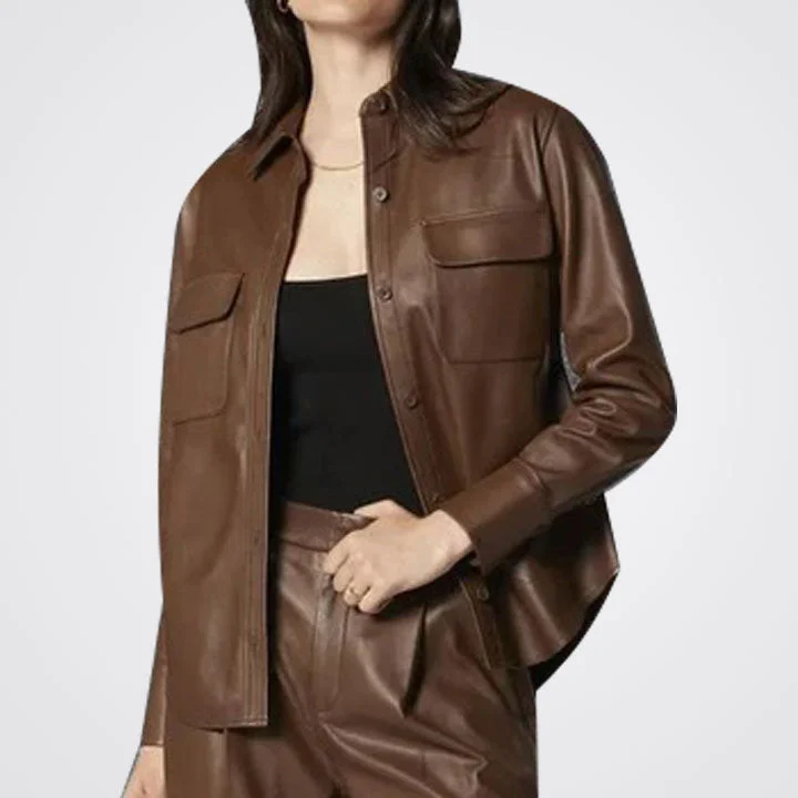 Women's Chocolate Brown Biker Style Leather Shirt Casual Slouchy Short Sleeve