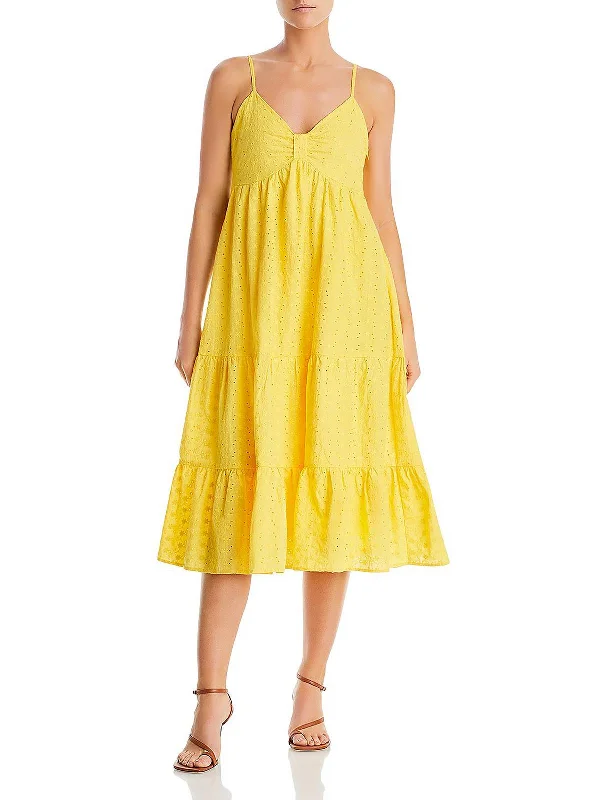 Womens Cotton Eyelet Midi Dress Comfortable Lace-Up Midi Dress