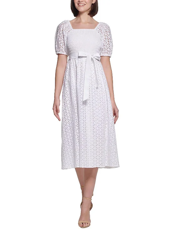 Womens Eyelet Calf Midi Dress Elegant V-Neck Midi Dress