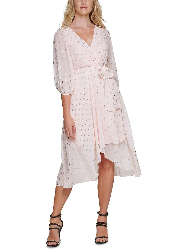 Womens Faux Wrap Calf Midi Dress Comfortable Casual Midi Dress