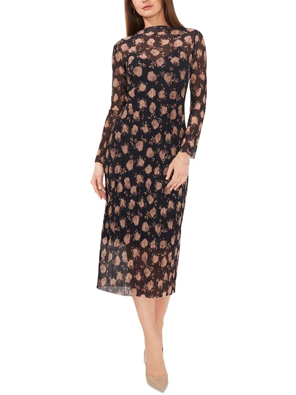 Womens Floral Print Mock Neck Midi Dress Stylish Vintage Midi Dress