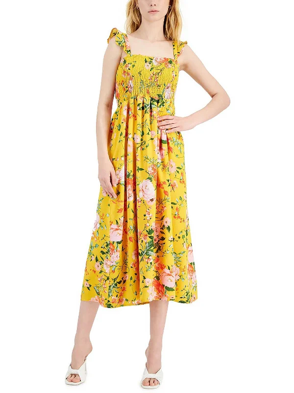 Womens Floral Print Polyester Midi Dress Comfortable Button Front Midi Dress