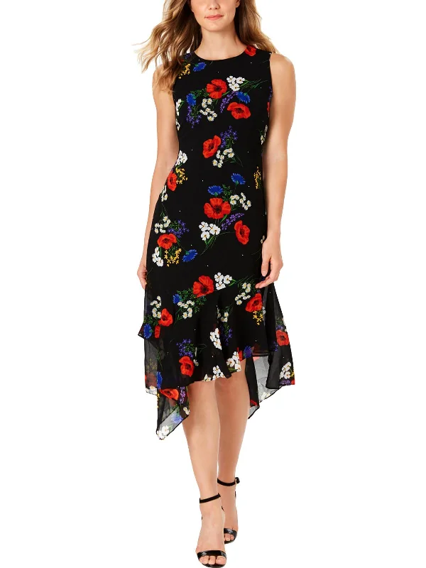 Womens Floral Print Ruffled Midi Dress Comfortable Ruched Midi Dress