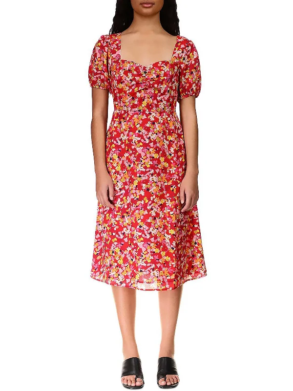 Womens Floral Puff Sleeve Midi Dress Fashionable High-Low Midi Dress