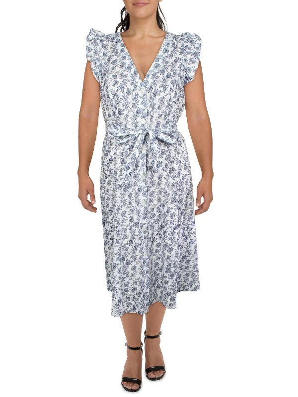 Womens Floral Ruffled Midi Dress Comfortable Button Front Midi Dress