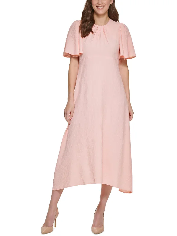 Womens Flutter Sleeve Calf Midi Dress Stylish Long Sleeve Floral Midi Dress